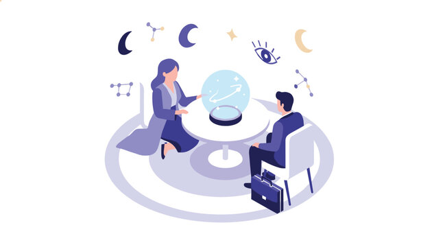 Professional fortune teller using a glowing blue crystal ball to predict the future for a curious businessman.