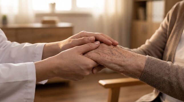 Doctor gently holding elderly patient's hand in warm clinic. Senior care, support, compassion, and geriatric medicine concept