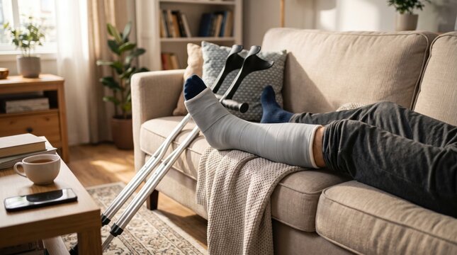 Man resting on sofa with leg in cast and crutches nearby. Bone fracture recovery, orthopedic rehabilitation, and home healing concept