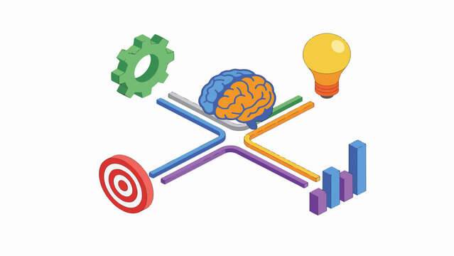 Brain network connects gears, light bulb, target, and bar charts together. Illustrations