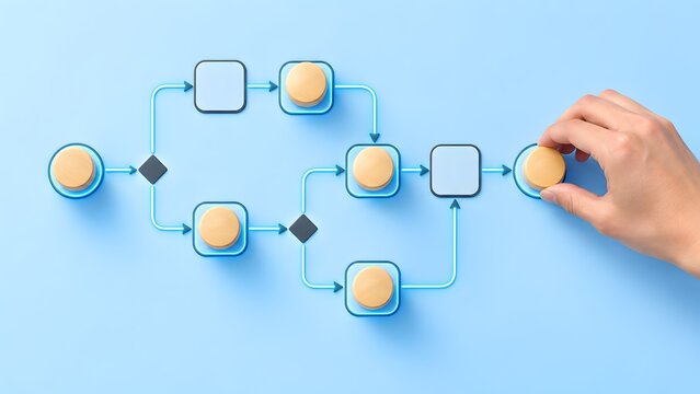 Hand placing a wooden peg into a final flowchart square. Concept of business process completion and workflow management.