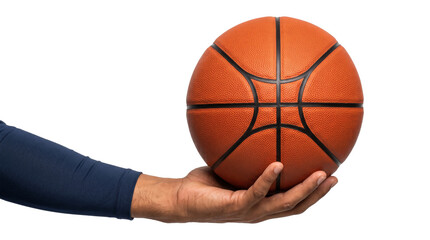 Fototapeta premium Basketball balanced perfectly on top of a wide open extended palm shown as PNG isolated transparent background for commercial design use