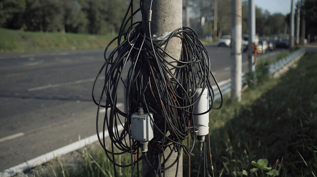 A tangled mass of black electrical wires and cables wrapped around a utility pole next to a road with a guardrail.