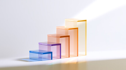 Fototapeta premium Minimalist stairs podium made of colorful transparent glass blocks for product presentation on a white background with soft warm light shadow