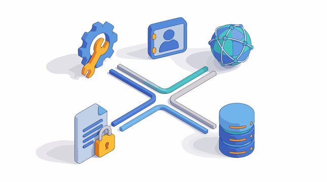 Database system connects settings, contacts, global network, and secure file. Illustrations