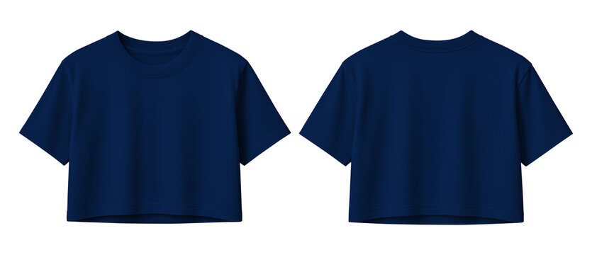 Plain Navy Blue Cropped T-Shirt Front and Back View on Transparent Background