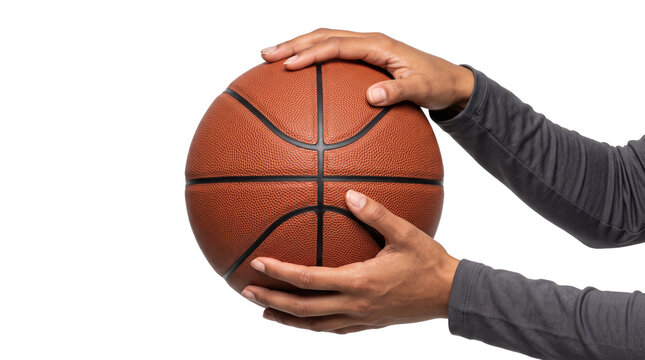 Basketball held from the side with both hands stacked one above the other shown as PNG isolated transparent background for commercial design use
