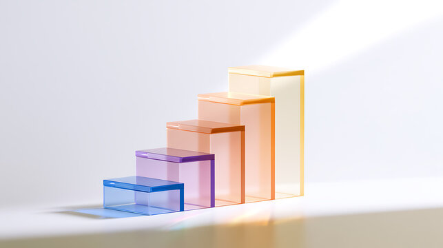 Minimalist stairs podium made of colorful transparent glass blocks for product presentation on a white background with soft warm light shadow