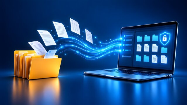3D illustration of document papers flying from yellow folders to a laptop screen as glowing data streams. Concept of secure file transfer, cloud migration, and data backup.