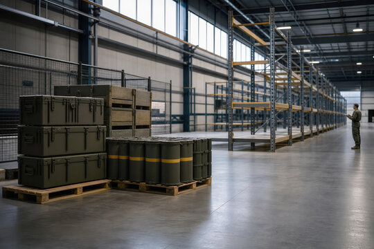 Depleted munitions stockpile in modern military logistics warehouse with stacked ammunition crates sealed metal containers empty shelving inventory shortage supply chain strain national security