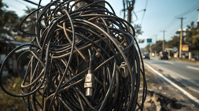 A chaotic tangle of black electrical wires wrapped around a utility pole beside a road, illustrating disorganized infrastructure.