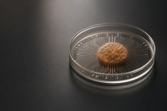 Organoid computing bio-hybrid processor in glass petri dish with neural tissue on copper circuit traces lab-grown neurons neural interface biotech innovation research laboratory