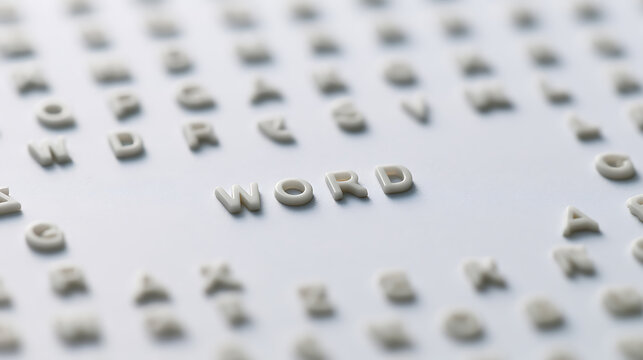 Close-up view of white plastic letter tiles spelling the word word on a clean surface surrounded by many other scattered random letters
