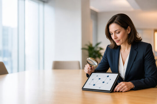 Female compliance officer examining algorithmic network diagram on tablet with magnifying glass in modern office for AI compliance corporate governance and algorithmic accountability editorial concept