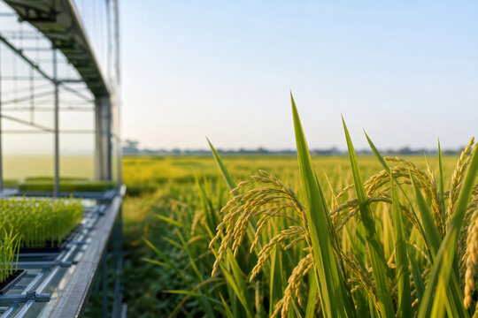 Bioengineered crop defense rice field with healthy grain heads and greenhouse seedling trays conveying agricultural biotechnology and fungal blight resistance for food security reports