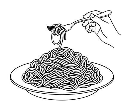 Hand holding fork with spaghetti pasta on plate line art vector illustration.