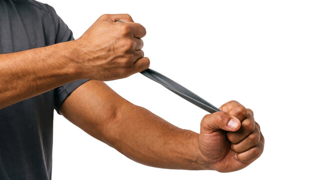 Grey resistance band pulled diagonally between two muscular arms crossing over shown as PNG isolated transparent background