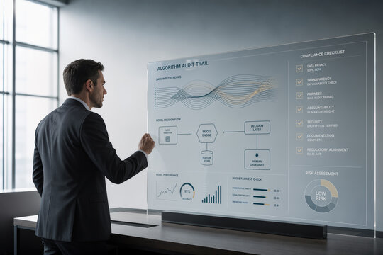 Auditor inspecting algorithm audit panel with compliance checklist data streams flowchart governance dashboard in corporate regulatory environment for AI compliance and algorithmic accountability