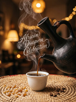 Traditional clay jebena pot pouring hot steaming coffee into small cup