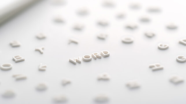 White plastic letters spell out the word WORD on a clean surface surrounded by blurred alphabetical characters in minimalist studio setting