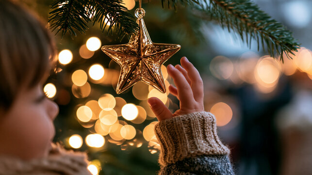 A heartwarming close-up photo of a child's small hand in a knitted mitten reaching out to touch a hand-painted glass star ornament hanging at a traditional Christmas fair. The orna