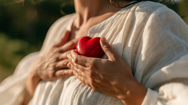 A cinematic close-up shot of a young woman in a white linen dress gently holding a small glossy red heart near her collarbone, outdoor natural soft daylight background, shallow dep