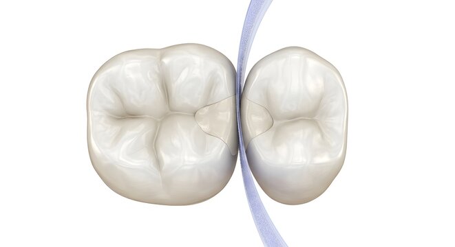 Interproximal Polishing Strip Smoothing Composite Dental Filling Between Teeth, 3D Scientific Render Isolated on White Background