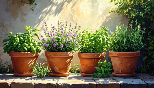 A row of potted herbs and lavender on a sunny stone ledge against a textured wall, showcasing fresh, fragrant plants perfect for culinary or aromatic use.
