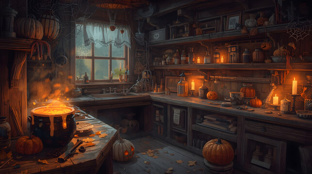 A cozy, rustic witch's kitchen with a bubbling cauldron, pumpkins, and glowing candles, creating a mystical autumn atmosphere.