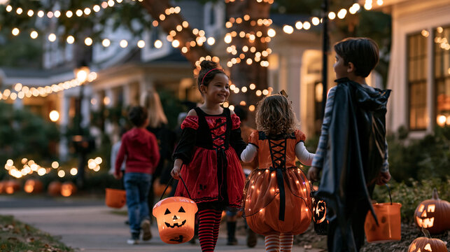 Realistic photograph of a group of costumed children walking down a suburban street at dusk carrying trick-or-treat buckets, houses decorated with pumpkins and string lights, candi
