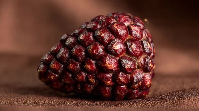 Closeup focused snake fruit isolated on deep bronze background balanced lighting enhancing unique surface pattern