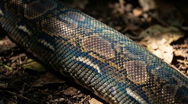 Large iridescent python snake slithering across forest floor