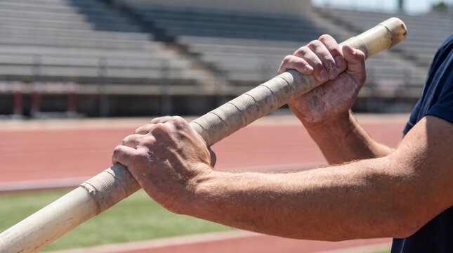 Male pole vaulter holding a taped vaulting pole tightly with both hands in a stadium, conceptualizing athletic preparation, determination, and focus before the track and field jump event