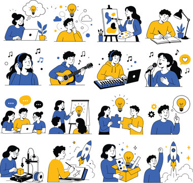 Creative People Illustrations &mdash; Art, Music, Innovation, and Teamwork Vector Set