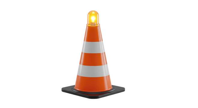 Orange and white traffic cone with flashing warning beacon light for road safety and construction zone