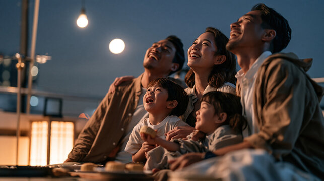 Realistic photograph of a family sitting together on a rooftop at night, sharing mooncakes and gazing up at the full moon, warm lantern light glowing nearby, candid documentary sty