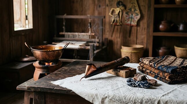 Traditional batik craft tools on a wooden table in a workshop