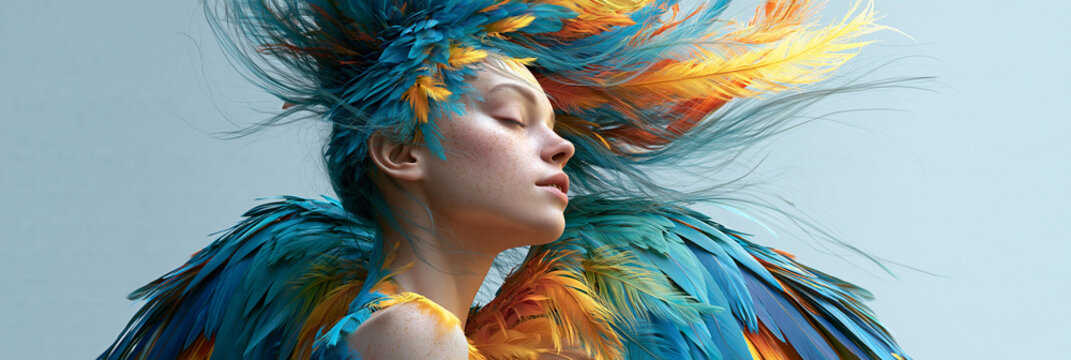 Frau im Profil mit fliegenden bunten Federn, dynamisch, kr&auml;ftige Blau- und Gelbt&ouml;ne, surrealer Stil, f&uuml;r Werbebanner oder Musikcover.