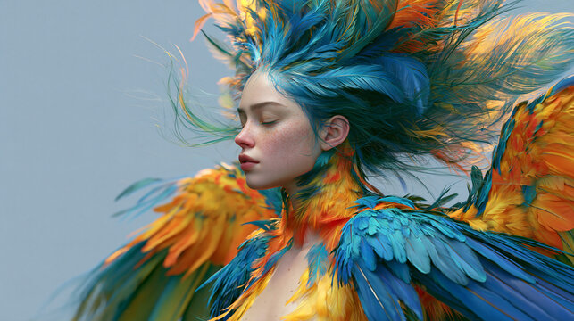 Frau im Profil mit fliegenden bunten Federn, dynamisch, kr&auml;ftige Blau- und Gelbt&ouml;ne, surrealer Stil, f&uuml;r Werbebanner oder Musikcover.