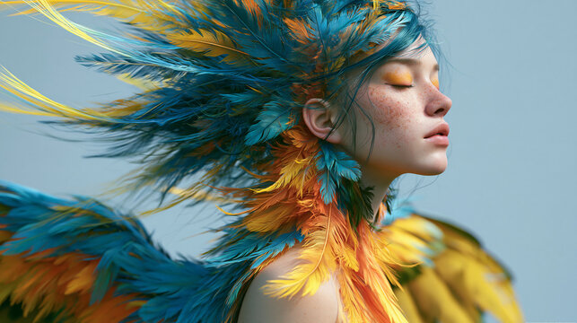 Frau im Profil mit fliegenden bunten Federn, dynamisch, kr&auml;ftige Blau- und Gelbt&ouml;ne, surrealer Stil, f&uuml;r Werbebanner oder Musikcover.