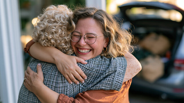 Realistic photograph of a heartfelt goodbye hug between an elderly parent and adult child at a doorway, car packed and waiting in the background, soft golden hour light, candid doc