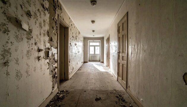 Abandoned Hallway with Peeling Wallpaper and Sunlight