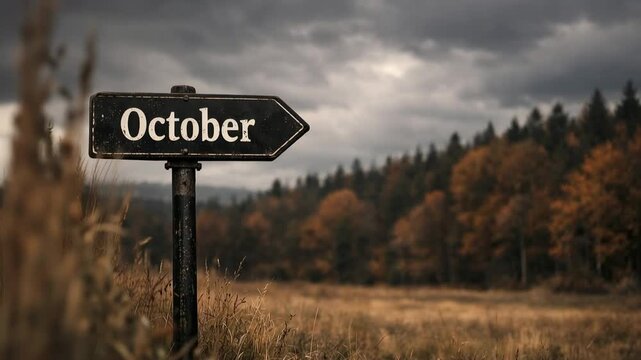 Rustic arrow sign reading "october" in a moody autumn landscape, weathered signpost in a golden field beside forest under a cloudy sky