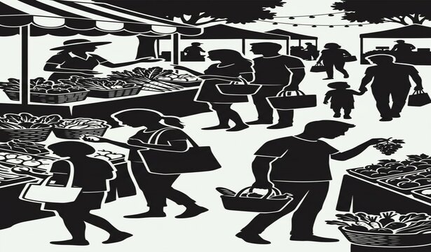 People Shopping at Busy Outdoor Farmers Market Black Silhouette Vector