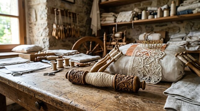 Traditional bobbin lace making tools on rustic wooden table