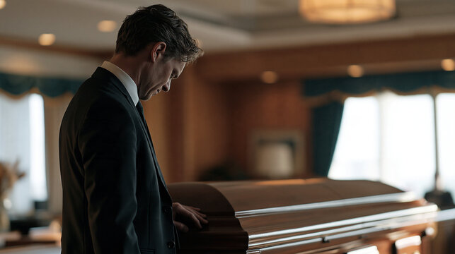 Side view of a funeral director standing solemnly beside a closed casket in a quiet chapel preparation room, soft ambient light, funeral home operations, end of life services, with