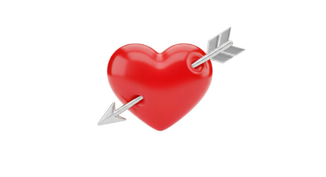 Glossy red heart pierced by a silver arrow isolated on white background, symbol of love and romance