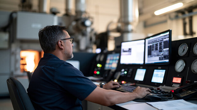 Wide shot of a modern crematorium control room with a technician monitoring furnace temperature gauges and digital displays, industrial equipment, mortuary operations, deathcare fa