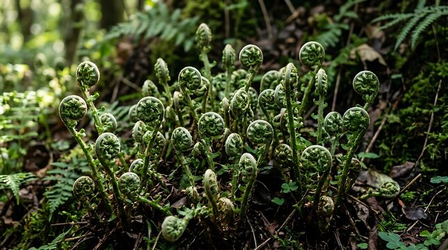 Young green fern fiddleheads sprouting on a forest floor