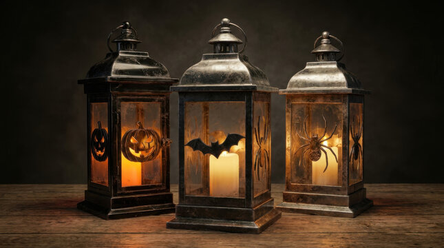 Three vintage Halloween lanterns with glowing candles, pumpkins, bats, and spiders on a wooden table